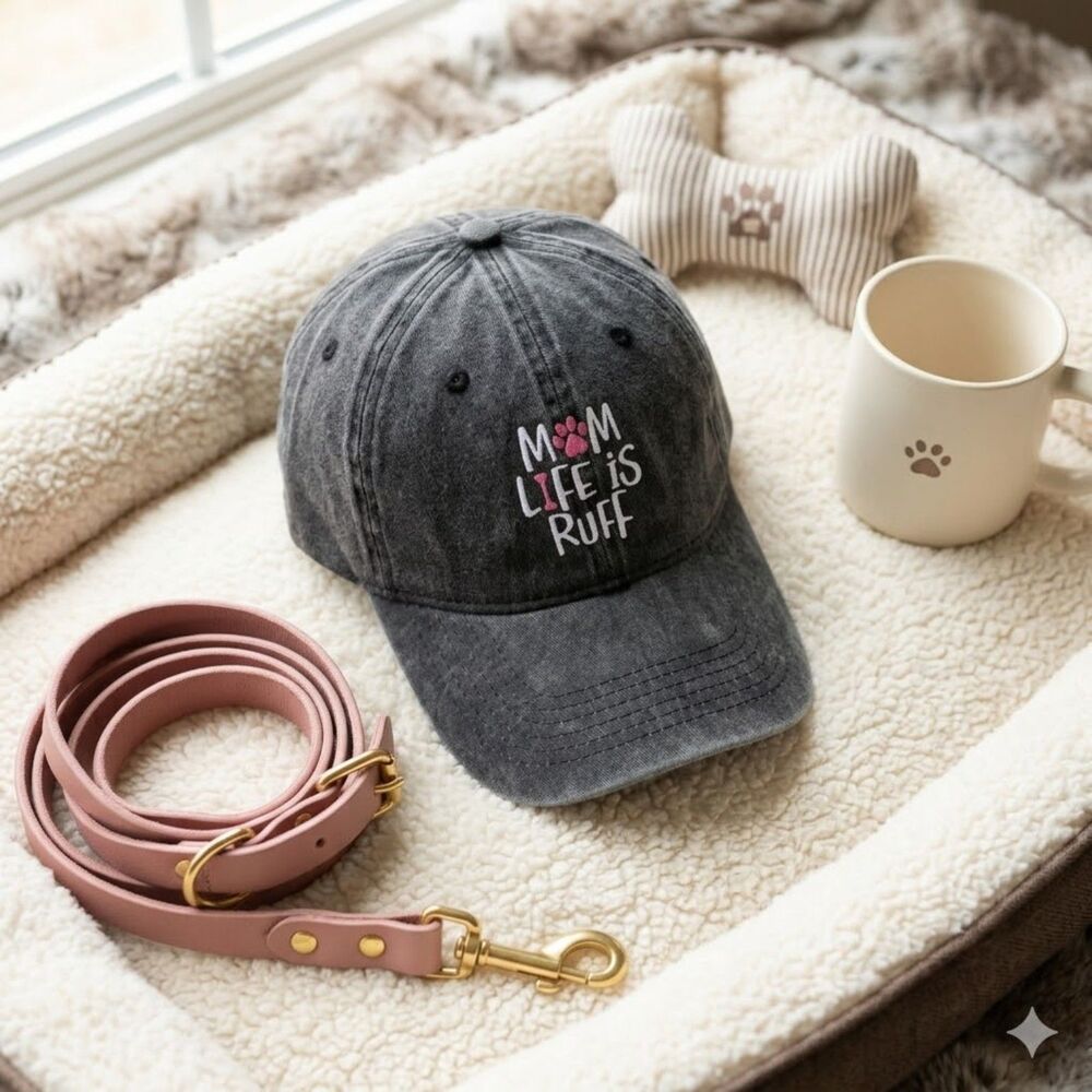 Mom Life Is Ruff Dog Mom Distressed Baseball Cap Acid Wash Gray One Size